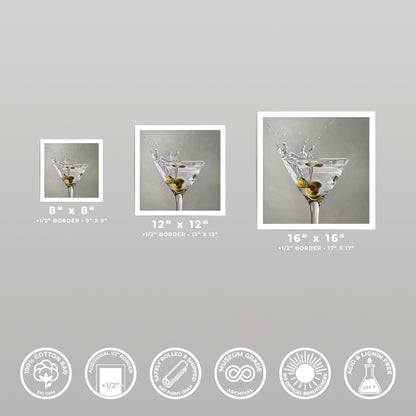Three square fine art prints of a martini with olives and a splash, shown in 8x8, 12x12, and 16x16 sizes.