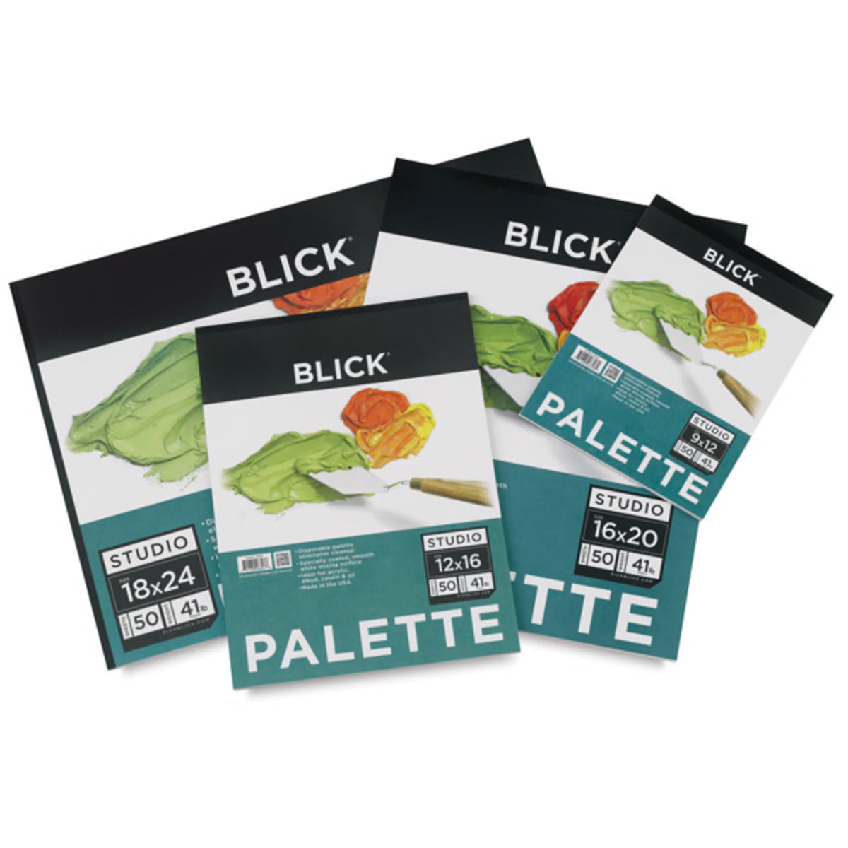 Four Blick Studio drawing palettes fanned out on a white background, showing different paper sizes and color swatches.