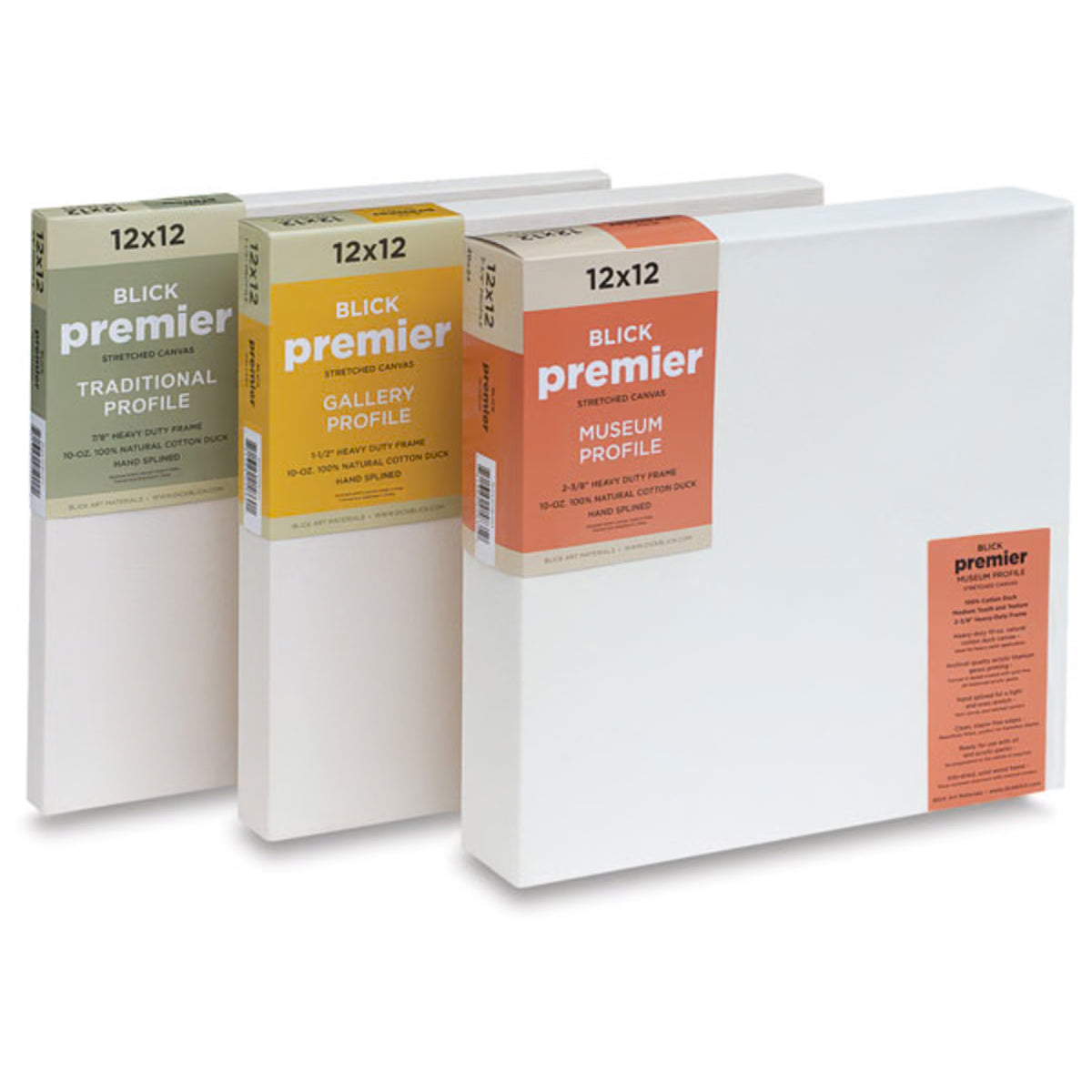 Three Blick Premier 12x12 canvas boards in different profile styles, shown in white with olive green, yellow, and orange paperboard bands around the edges.