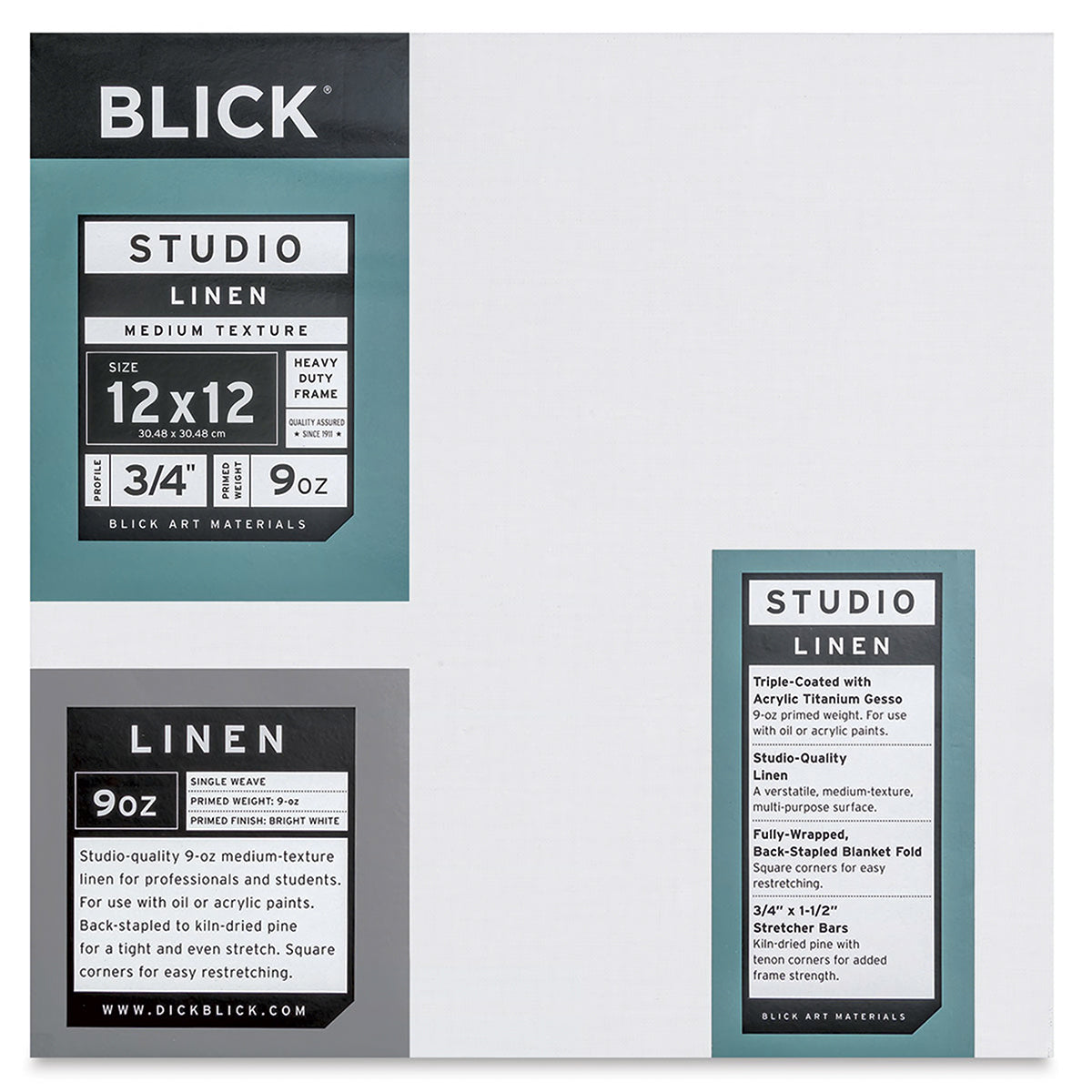 Three views of a BLICK Studio Linen acrylic paint texture paper, showing the 12x12 size, 9oz weight, and product specifications on a light gray background.