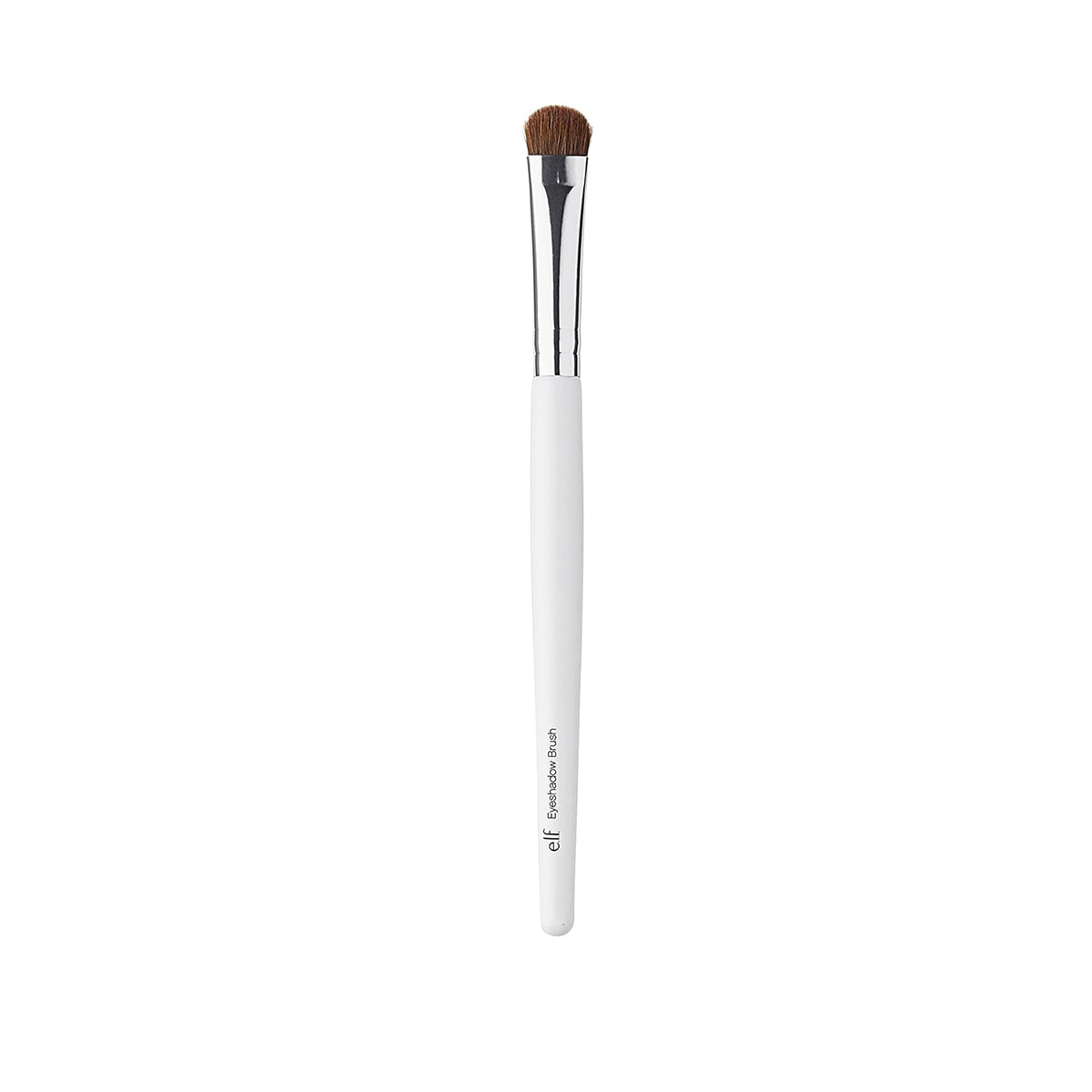 A single flat-top makeup brush with a white handle, silver ferrule, and brown bristles, shown vertically against a plain white background.