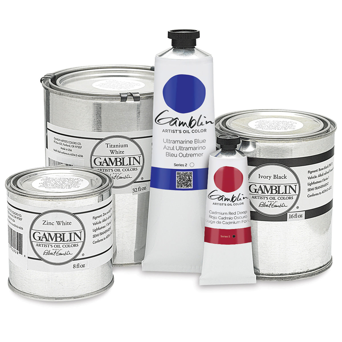 A set of Gamblin Artist Oil Colour paint products on a white background, including two large metal cans, one smaller metal can, one tube, and one small paint tube. Visible labels include Titanium White, Zinc White, Ultramarine Blue, and Ivory Black.