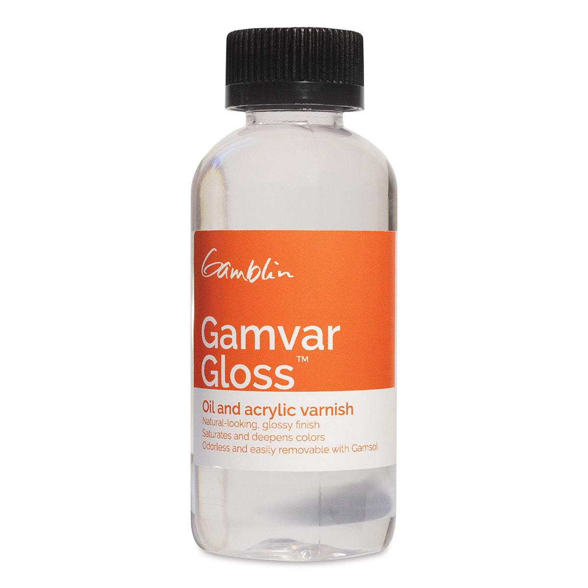 A bottle of Gamblin Gamvar Gloss oil and acrylic varnish with a black cap and an orange and white label, shown on a plain white background.