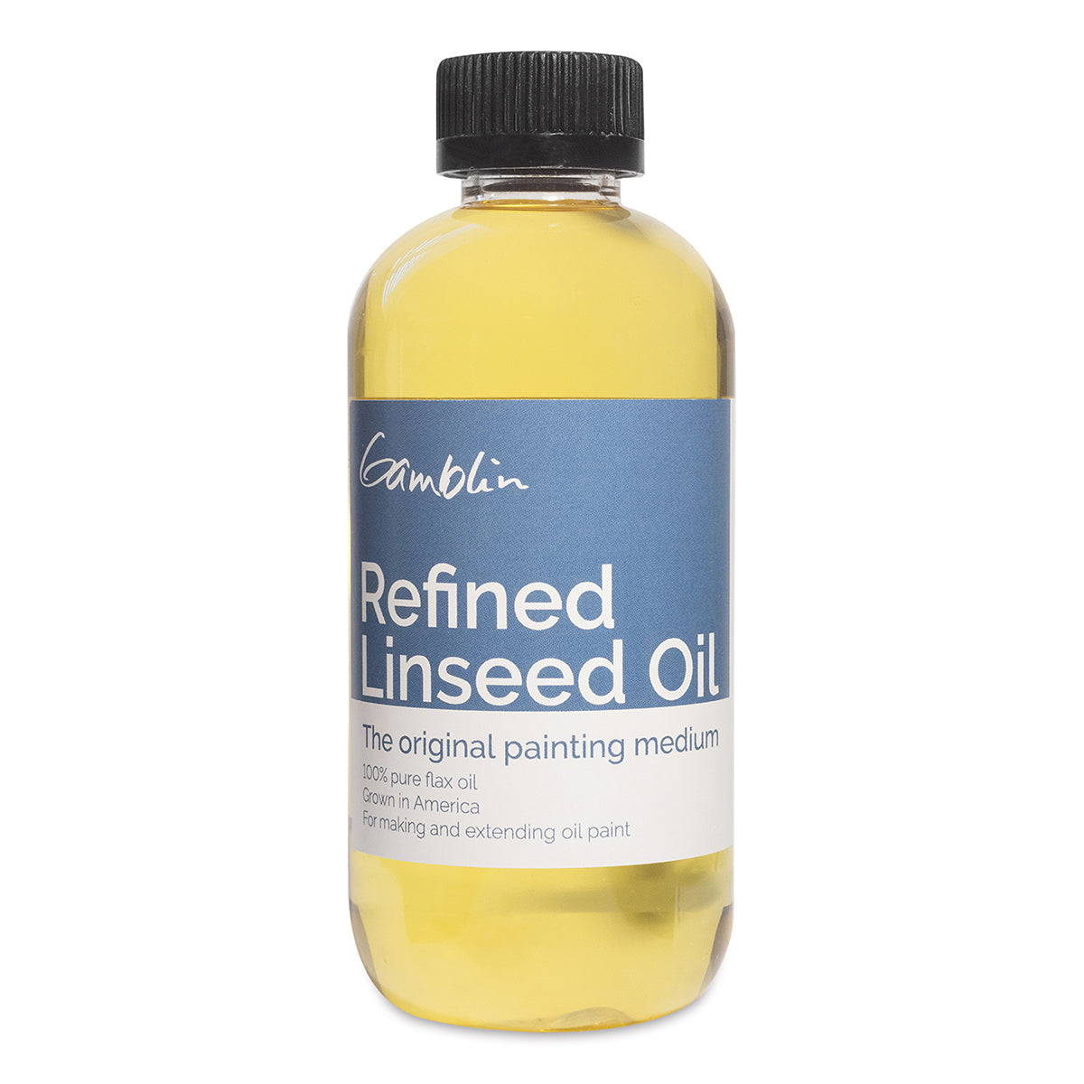Bottle of Gambin Refined Linseed Oil on a white background