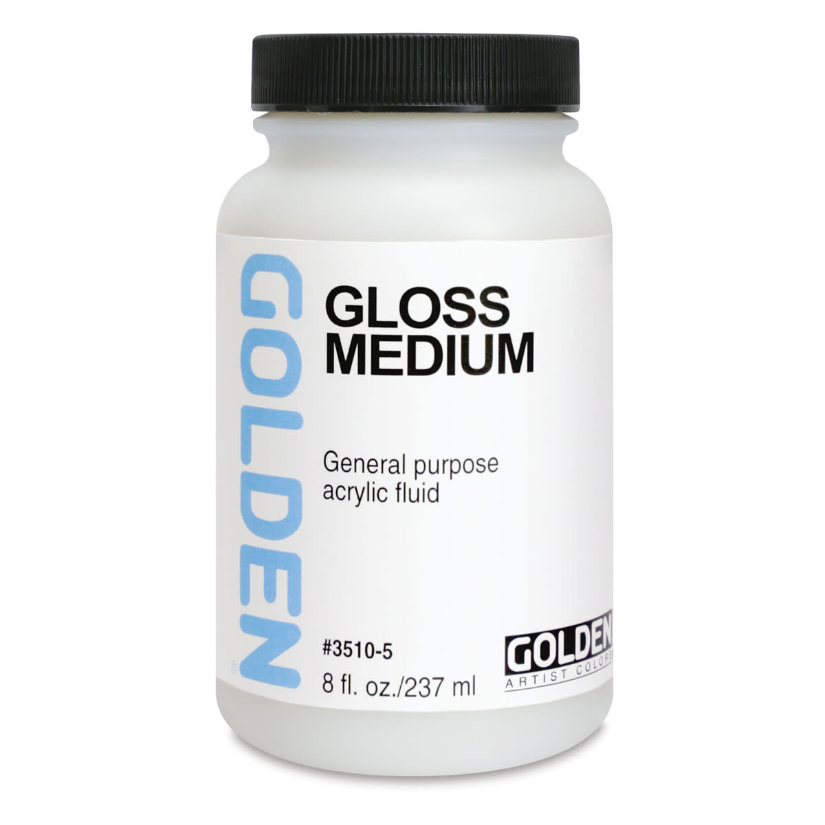 Bottle of Golden Gloss Medium acrylic fluid on a white background