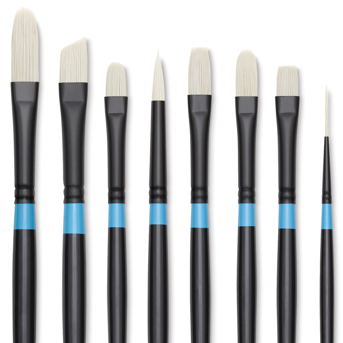 Set of black painting brushes with blue bands on a white background