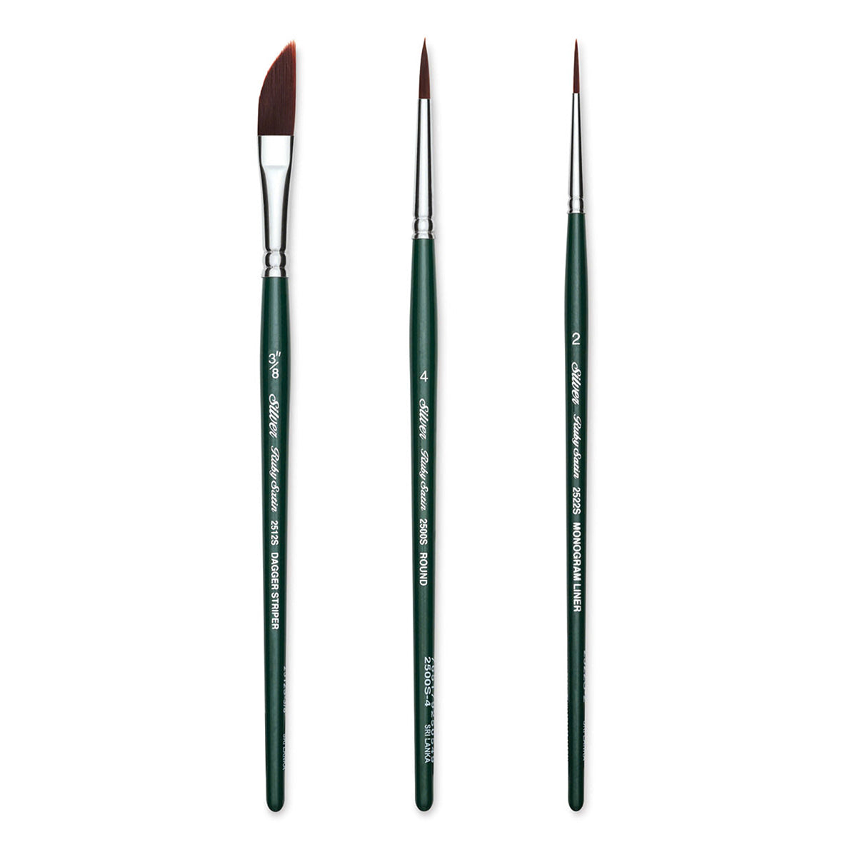 Three fine art paintbrushes with dark green handles and silver ferrules, shown vertically against a plain white background. The left brush has a slightly angled blade with reddish-brown bristles, while the middle and right brushes have pointed, fine bristles.