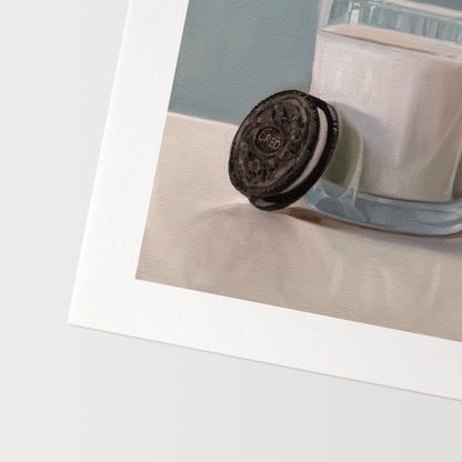 Milk and Oreos Fine Art Print by Lauren Pretorius: a glass of milk paired with a nice stack of Oreo cookies.