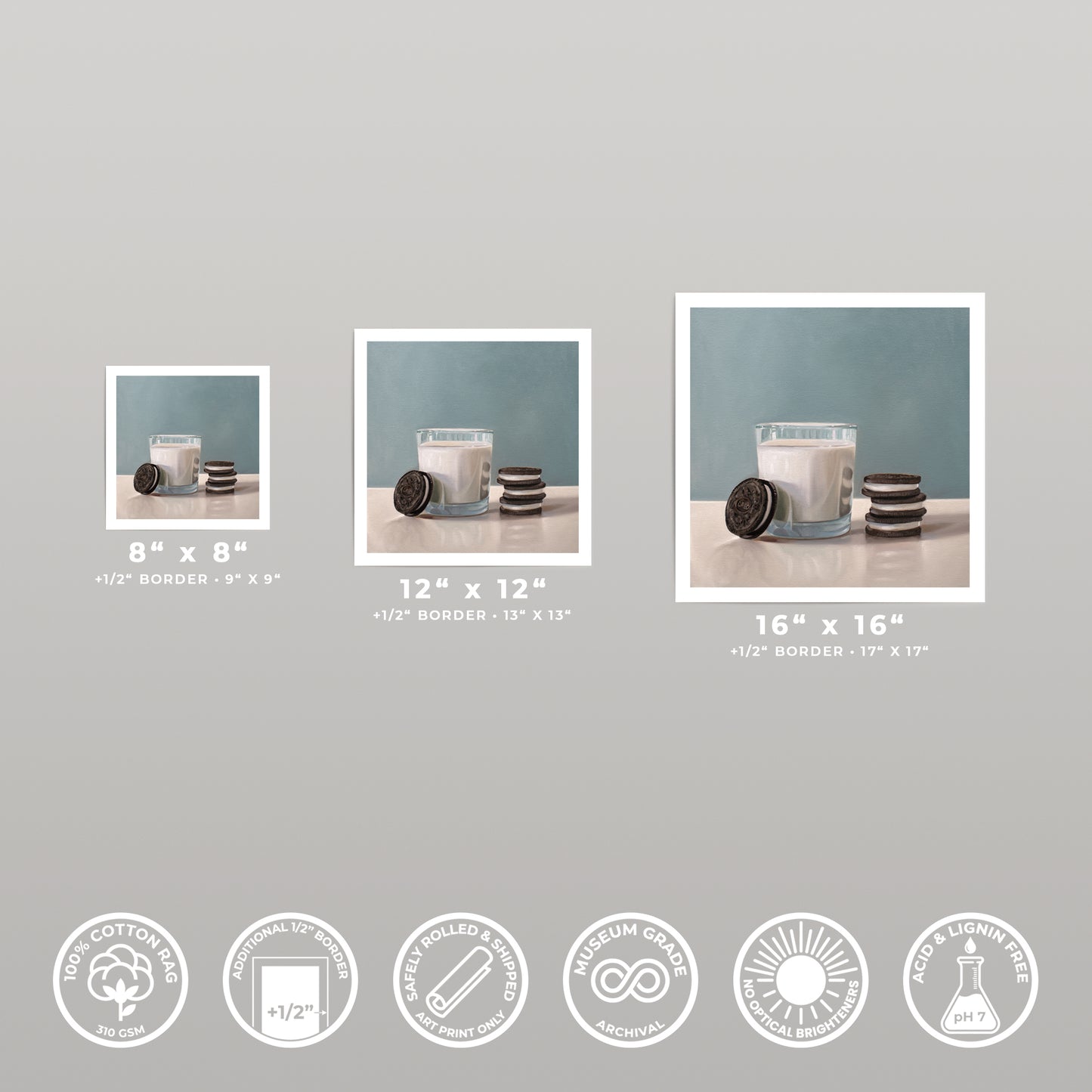 Three square art prints of milk and Oreos, showcasing 8x8, 12x12, and 16x16 sizes with white borders.