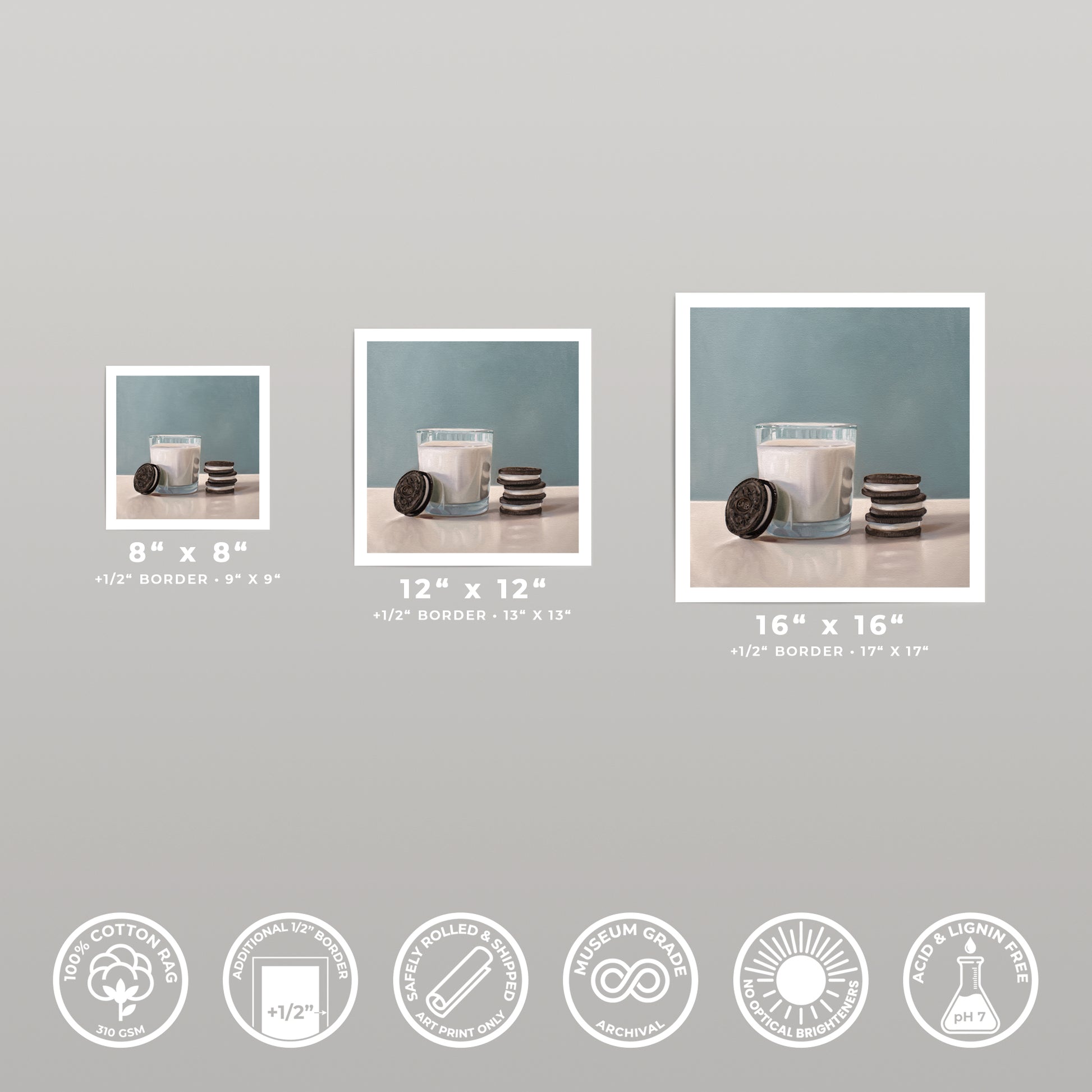 Three square art prints of milk and Oreos, showcasing 8x8, 12x12, and 16x16 sizes with white borders.