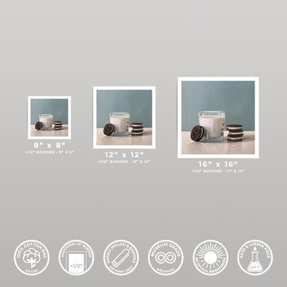 Three square art prints of milk and Oreos, showcasing 8x8, 12x12, and 16x16 sizes with white borders.