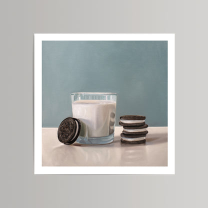Realistic fine art print of a glass of milk with a stack of Oreo cookies and one leaning against the glass.