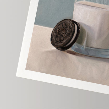 Fine art print of an Oreo cookie leaning against a glass of milk, with a white border.