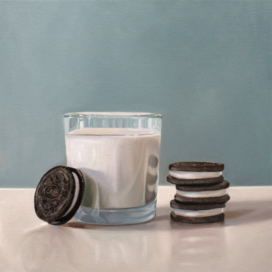 Still life painting of a glass of milk with a stack of Oreo cookies and one leaning against the glass.