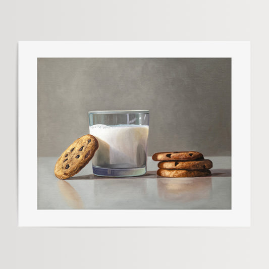 Milk & Cookies Fine Art Print by Lauren Pretorius: a glass of milk and a cookie on a painted surface.