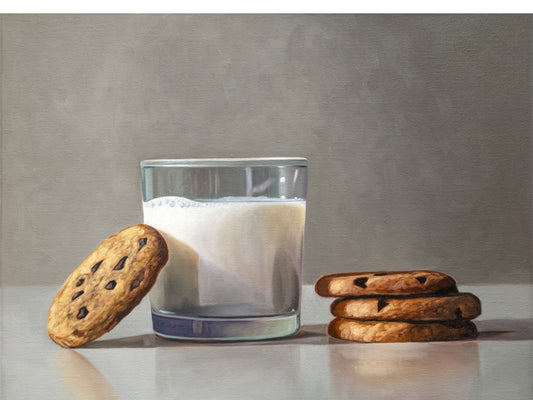 Milk & Cookies Fine Art Print by Lauren Pretorius: a glass of milk and a cookie on a painted surface.