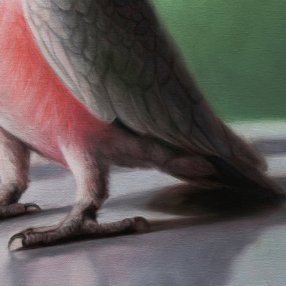 Mimicry in Pink 16" x 20" Original Oil Painting by Lauren Pretorius: a Pink cockatoo next to a pink Asiatic Lily flower in a clear vase on a green background