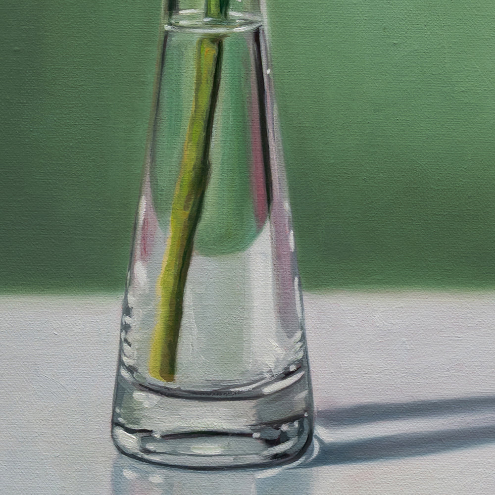 Mimicry in Pink 16" x 20" Original Oil Painting by Lauren Pretorius: a Pink cockatoo next to a pink Asiatic Lily flower in a clear vase on a green background