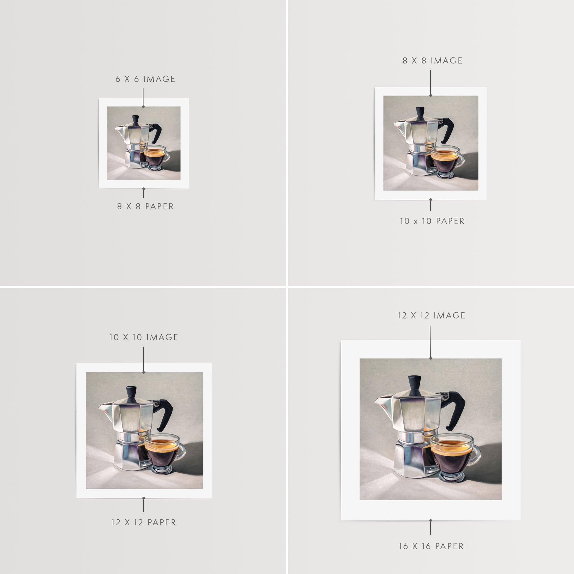 Moka Pot & Espresso Fine Art Print by Lauren Pretorius: a reflective moka pot espresso maker next to a shot of espresso.