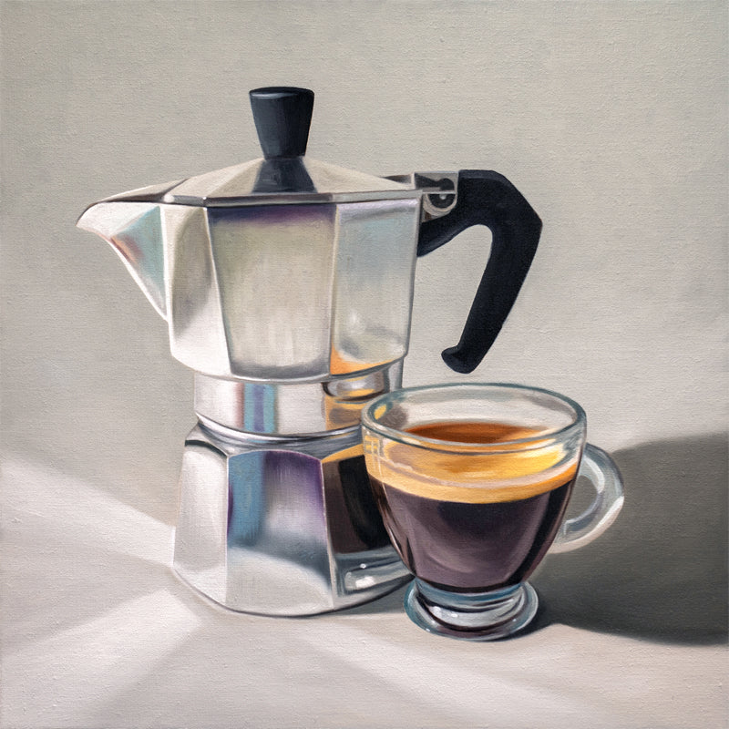 Moka Pot & Espresso Fine Art Print by Lauren Pretorius: a reflective moka pot espresso maker next to a shot of espresso.