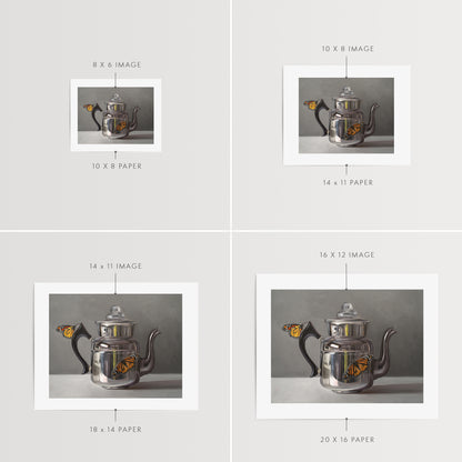 Monarch Butterflies & Kettle Fine Art Print by Lauren Pretorius: a pair of monarch butterflies perched on a vintage reflective kettle.