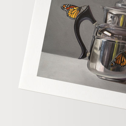 Monarch Butterflies & Kettle Fine Art Print by Lauren Pretorius: a pair of monarch butterflies perched on a vintage reflective kettle.