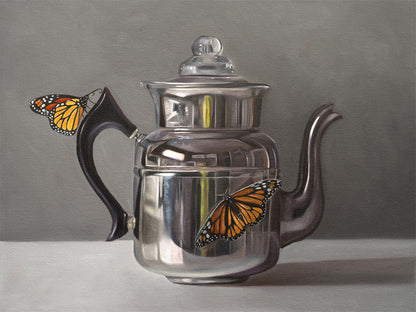 Monarch Butterflies & Kettle Fine Art Print by Lauren Pretorius: a pair of monarch butterflies perched on a vintage reflective kettle.