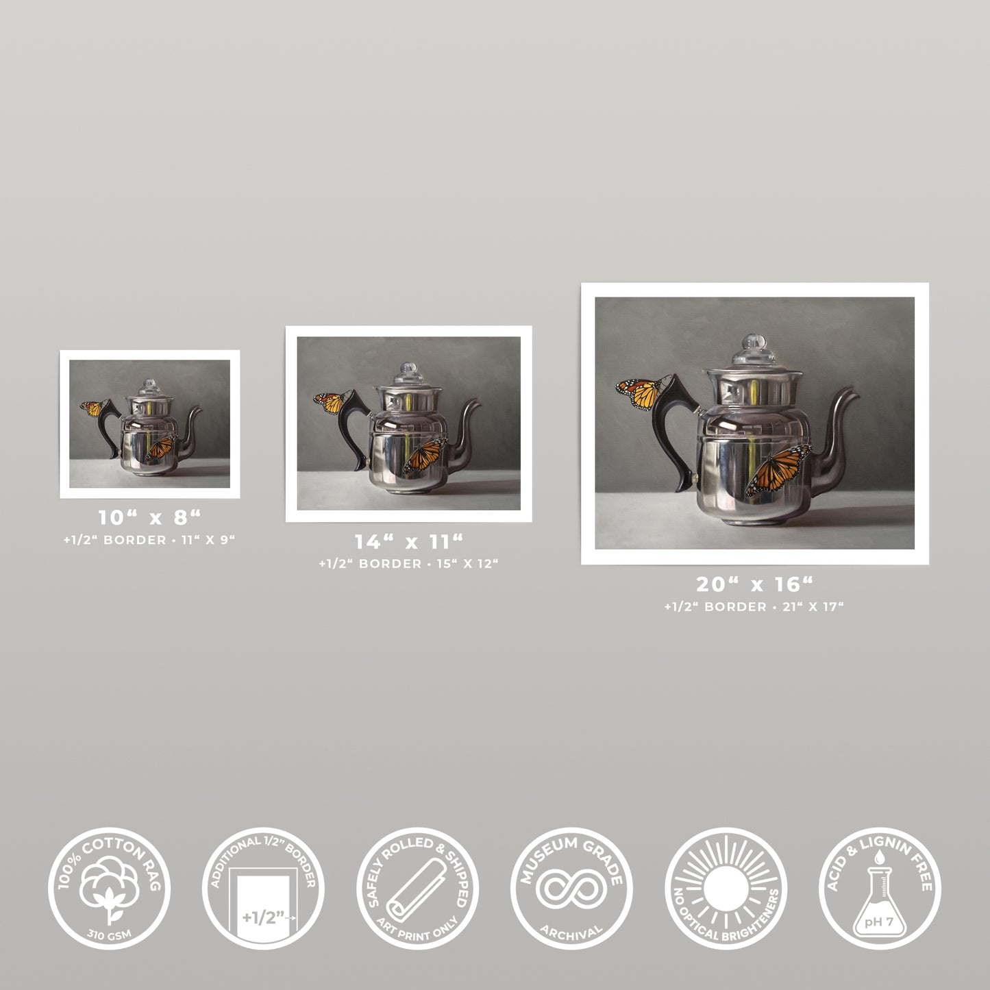 Fine art print of a silver kettle with orange monarch butterflies, available in 8x10, 11x14, and 16x20 inches.