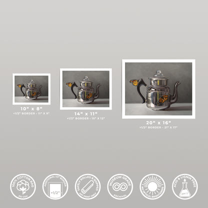 Fine art print of a silver kettle with orange monarch butterflies, available in 8x10, 11x14, and 16x20 inches.