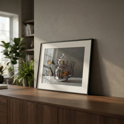 Fine art print of a shiny silver kettle with two monarch butterflies, framed on a wooden cabinet.