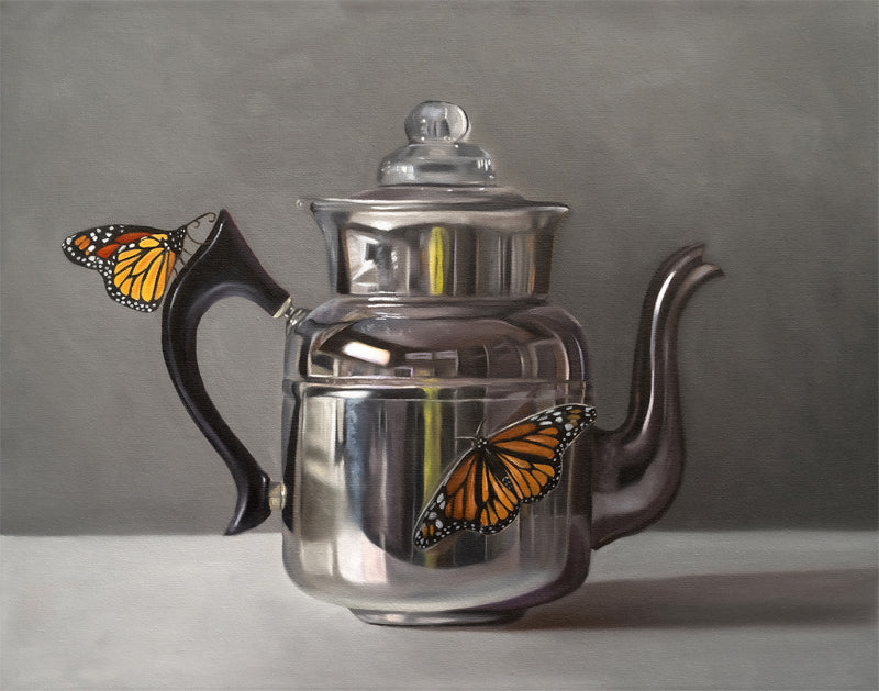 Fine art print of a shiny silver kettle with two vibrant orange and black monarch butterflies.