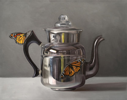 Fine art print of a shiny silver kettle with two vibrant orange and black monarch butterflies.