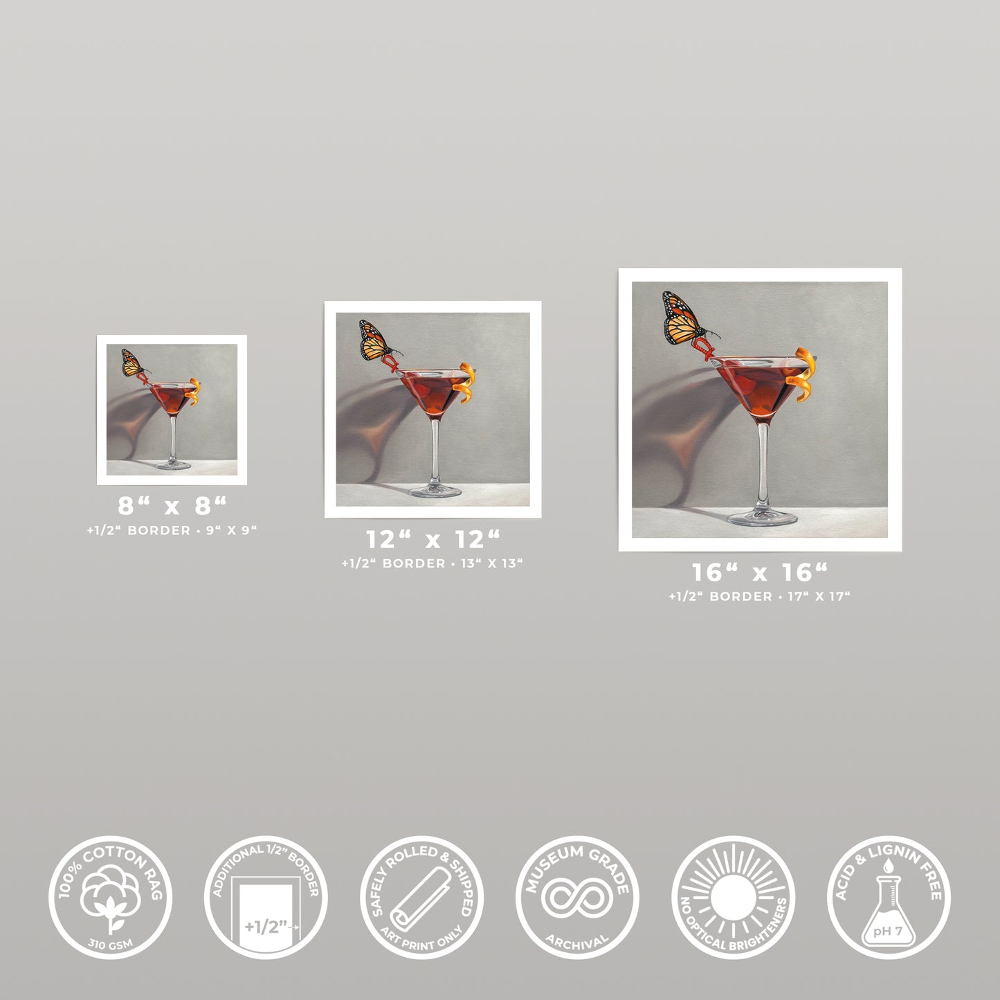 Three square fine art prints of a monarch butterfly on a cocktail, shown in 8x8, 12x12, and 16x16 sizes.