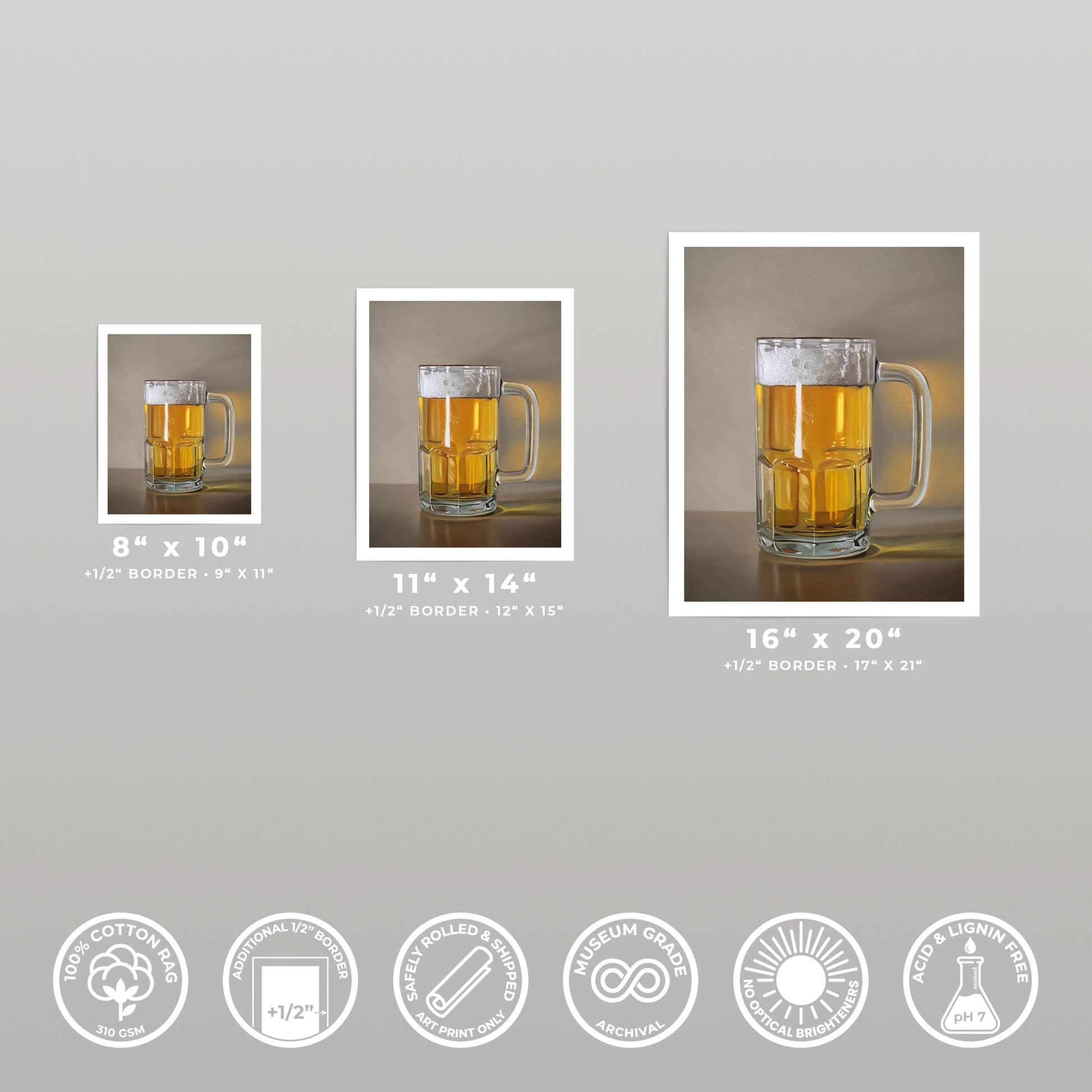 Three art prints of a beer mug, showing 8x10, 11x14, and 16x20 sizes with white borders.