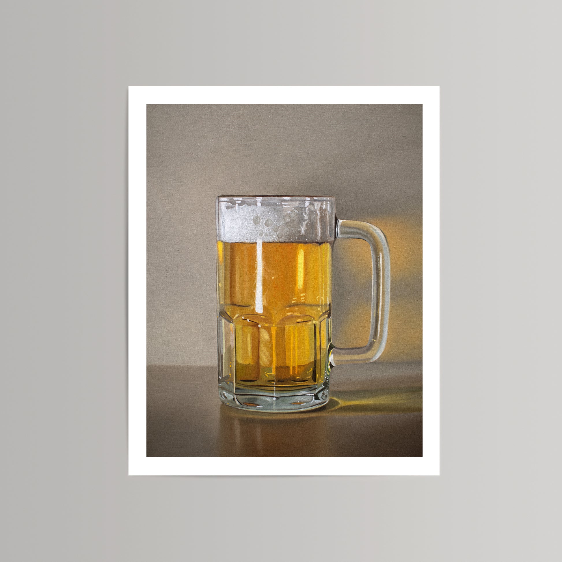 Realistic art print of a clear glass mug full of golden beer with white foam, on a brown background.