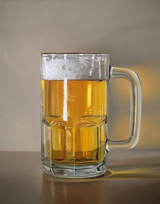 Realistic fine art print of a clear glass mug overflowing with golden beer and white foam.