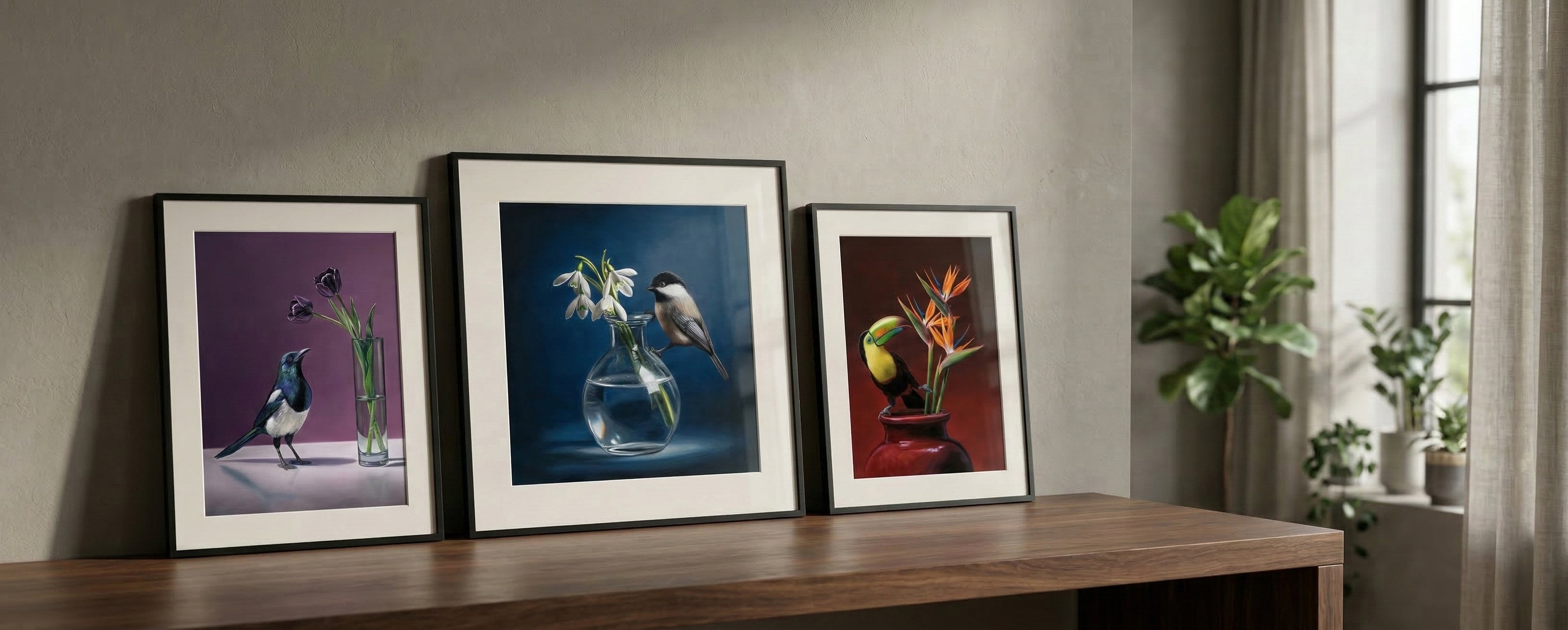 Three framed Avian Botanical artworks on a wooden shelf with a neutral background.