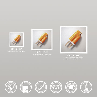 Three square art prints of an orange creamsicle, showing 8x8, 12x12, and 16x16 sizes with white borders.