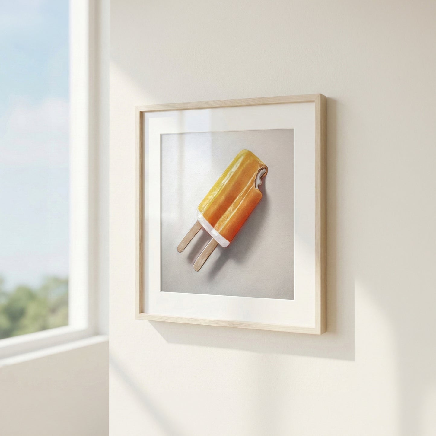 Framed "Orange Dreamsicle" fine art print featuring a vibrant orange and white popsicle on a light background.