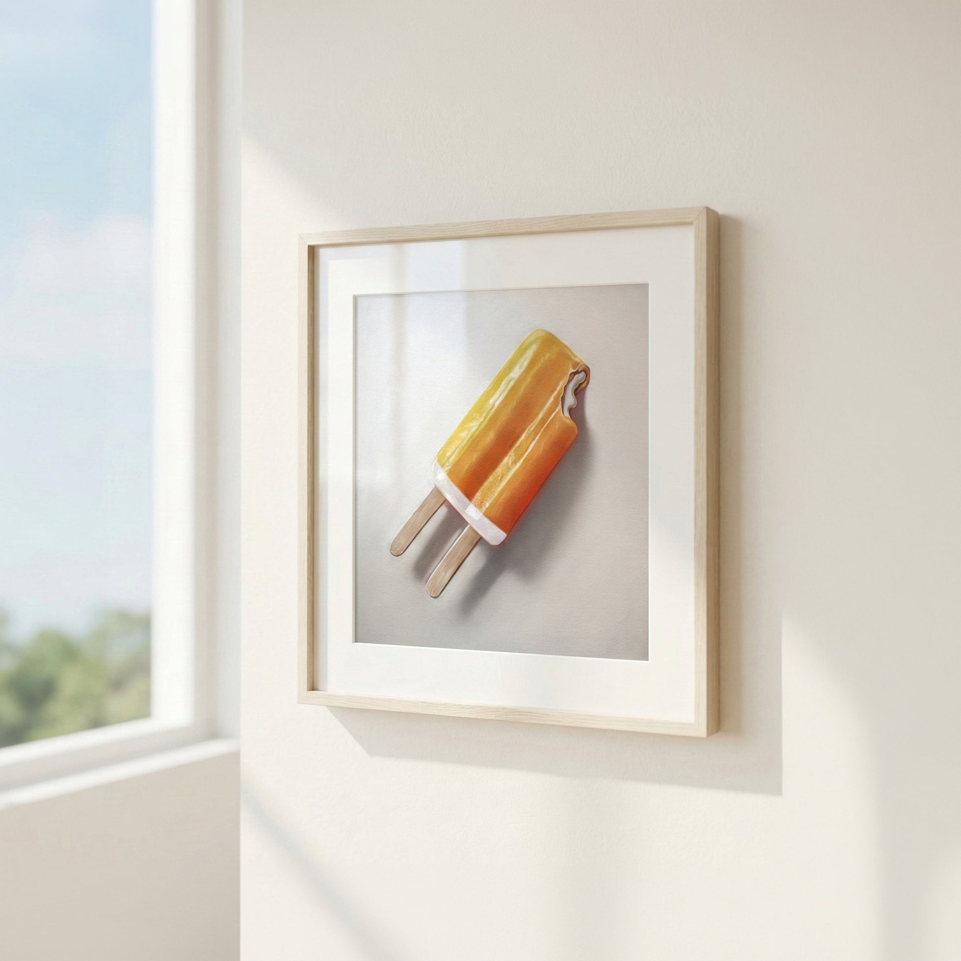 Framed "Orange Dreamsicle" fine art print featuring a vibrant orange and white popsicle on a light background.
