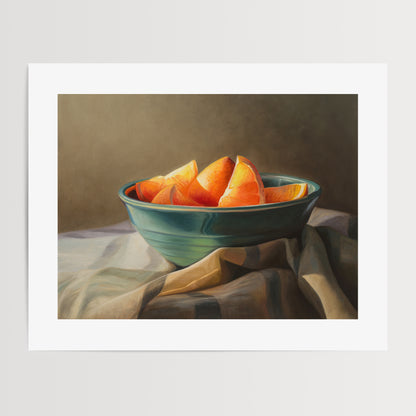 Orange Slices Fine Art Print by Lauren Pretorius: a bowl of orange slices placed on a checkered cloth.