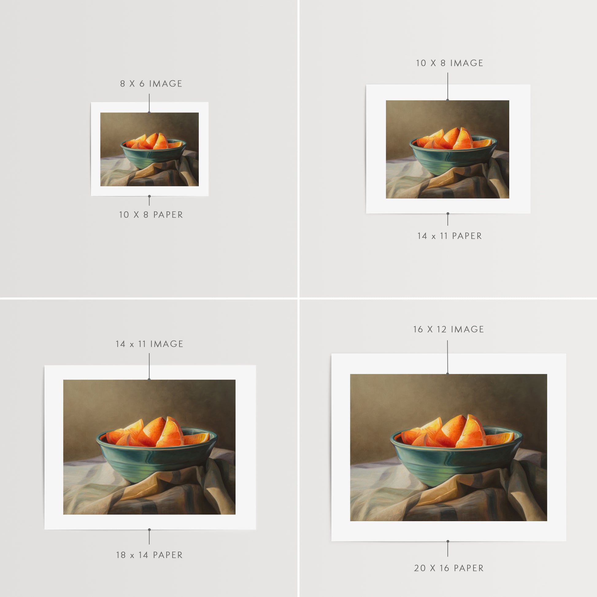 Orange Slices Fine Art Print by Lauren Pretorius: a bowl of orange slices placed on a checkered cloth.