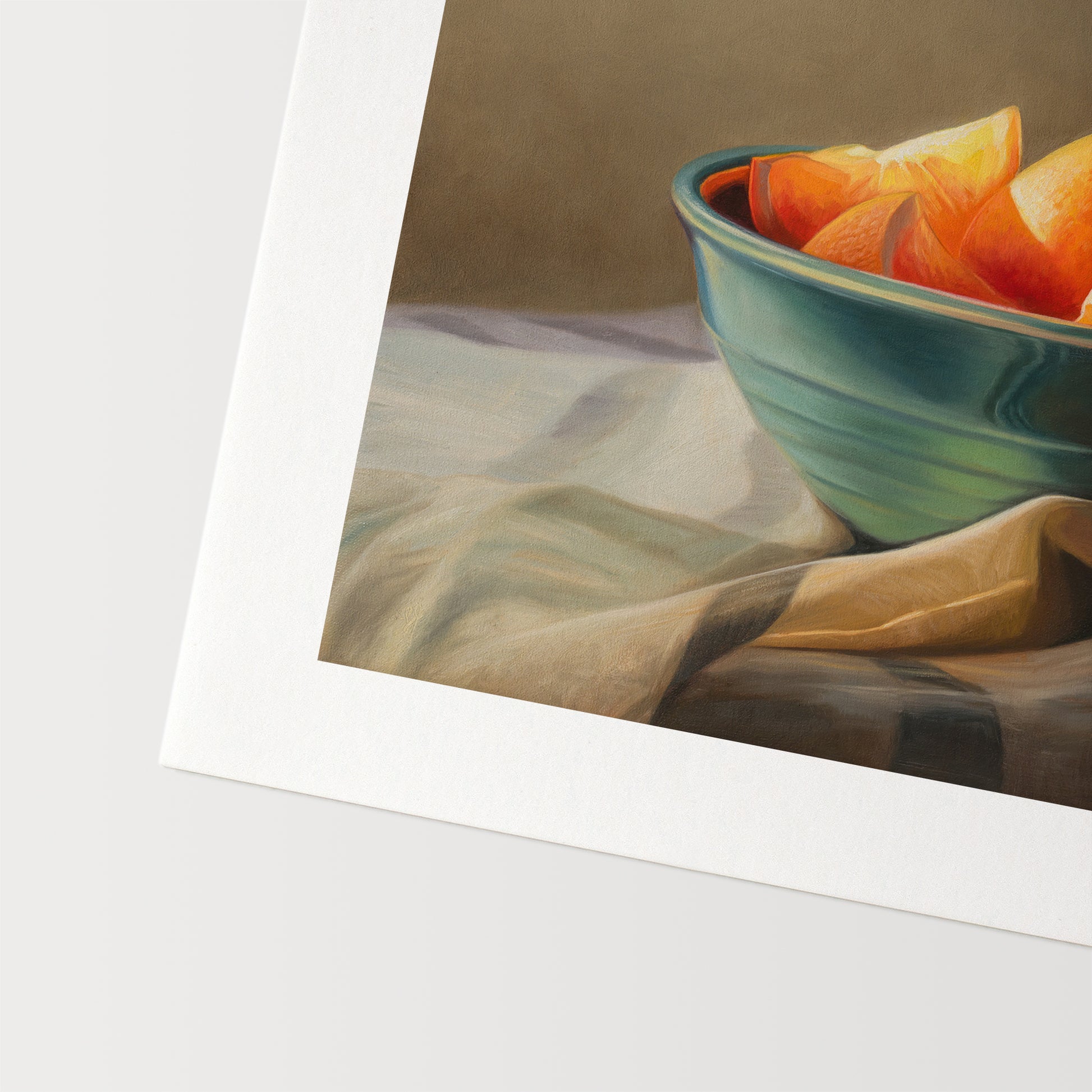 Orange Slices Fine Art Print by Lauren Pretorius: a bowl of orange slices placed on a checkered cloth.