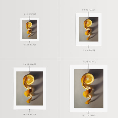 Orange Twist Fine Art Print by Lauren Pretorius: a freshly sliced orange with its peeling spiraling in a downward fashion with dramatic side-lighting creating interesting cast shadows.