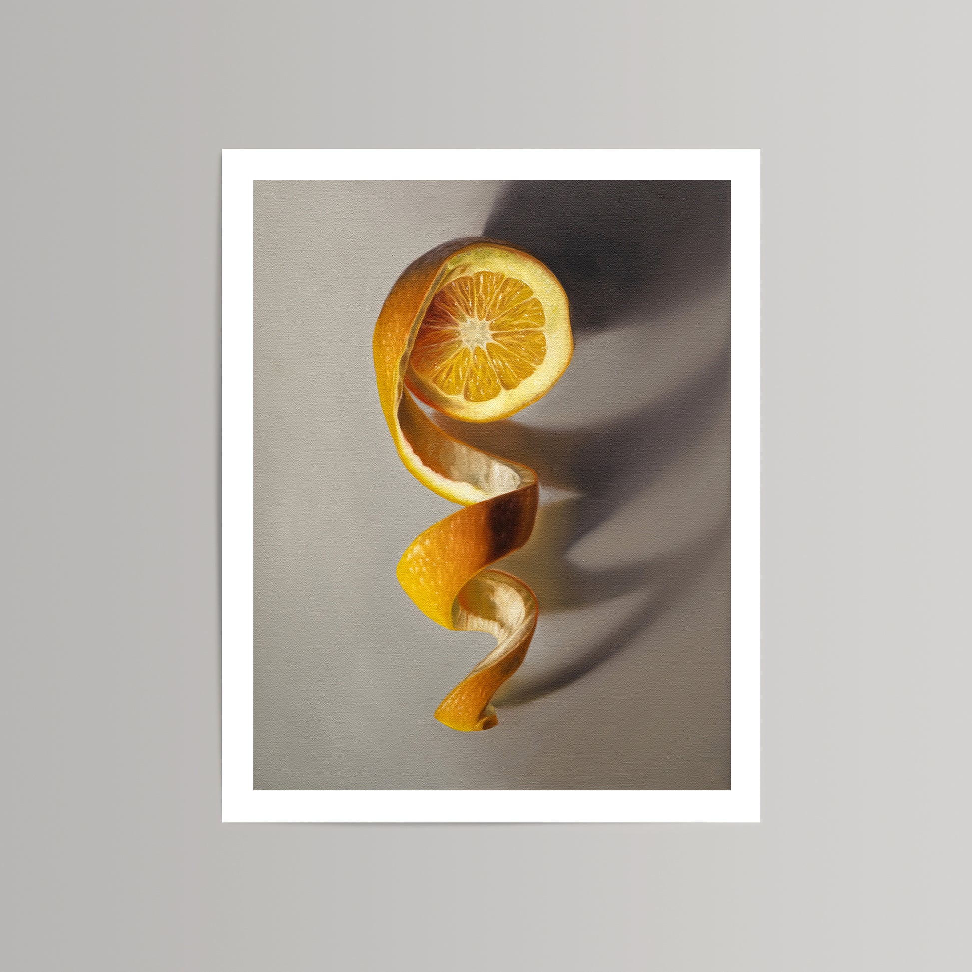 Vibrant orange peel art print, a single citrus twist on museum-grade paper with a white border.