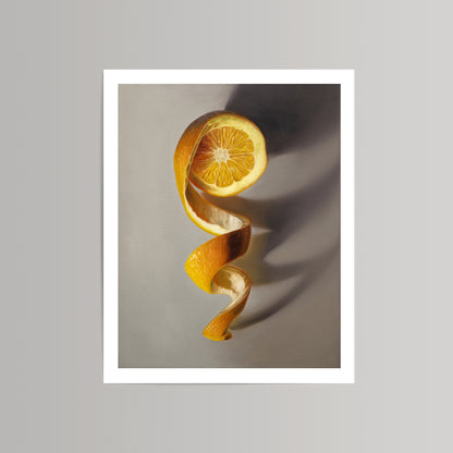Vibrant orange peel art print, a single citrus twist on museum-grade paper with a white border.