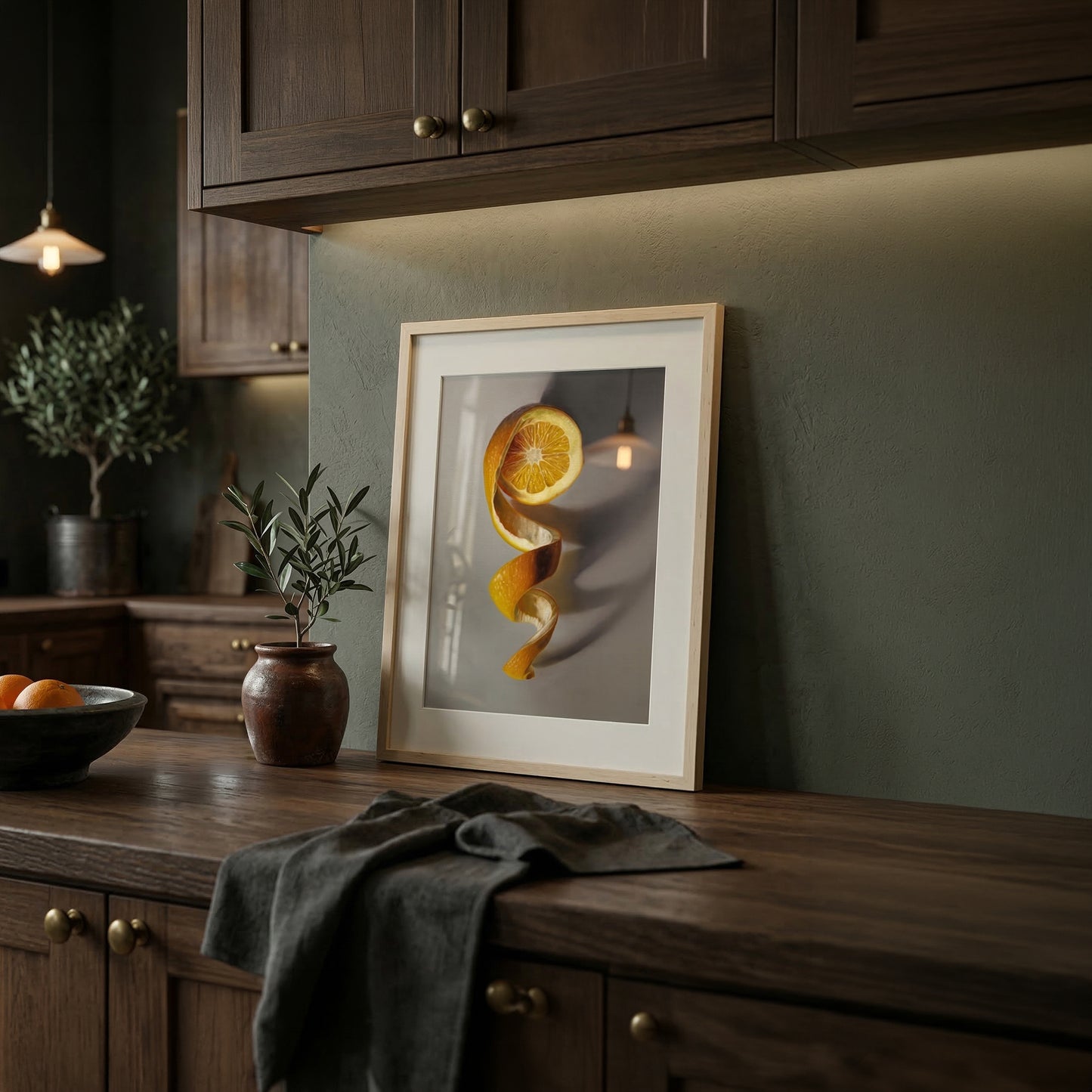Framed fine art print of an orange peel spiral, displayed on a dark wood kitchen counter.