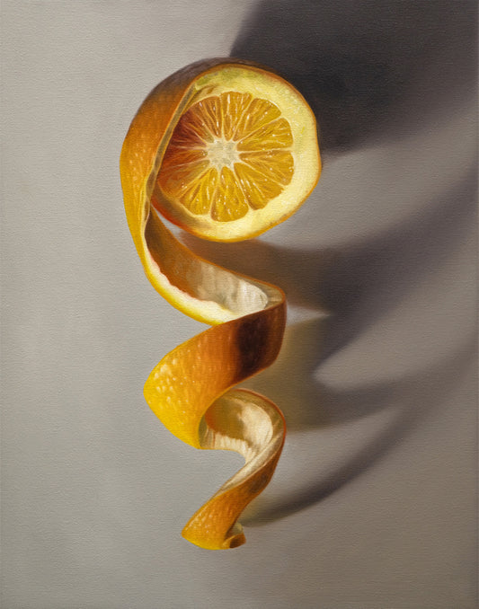 Vibrant oil painting of a curled orange peel and a sliced orange on a gray background.