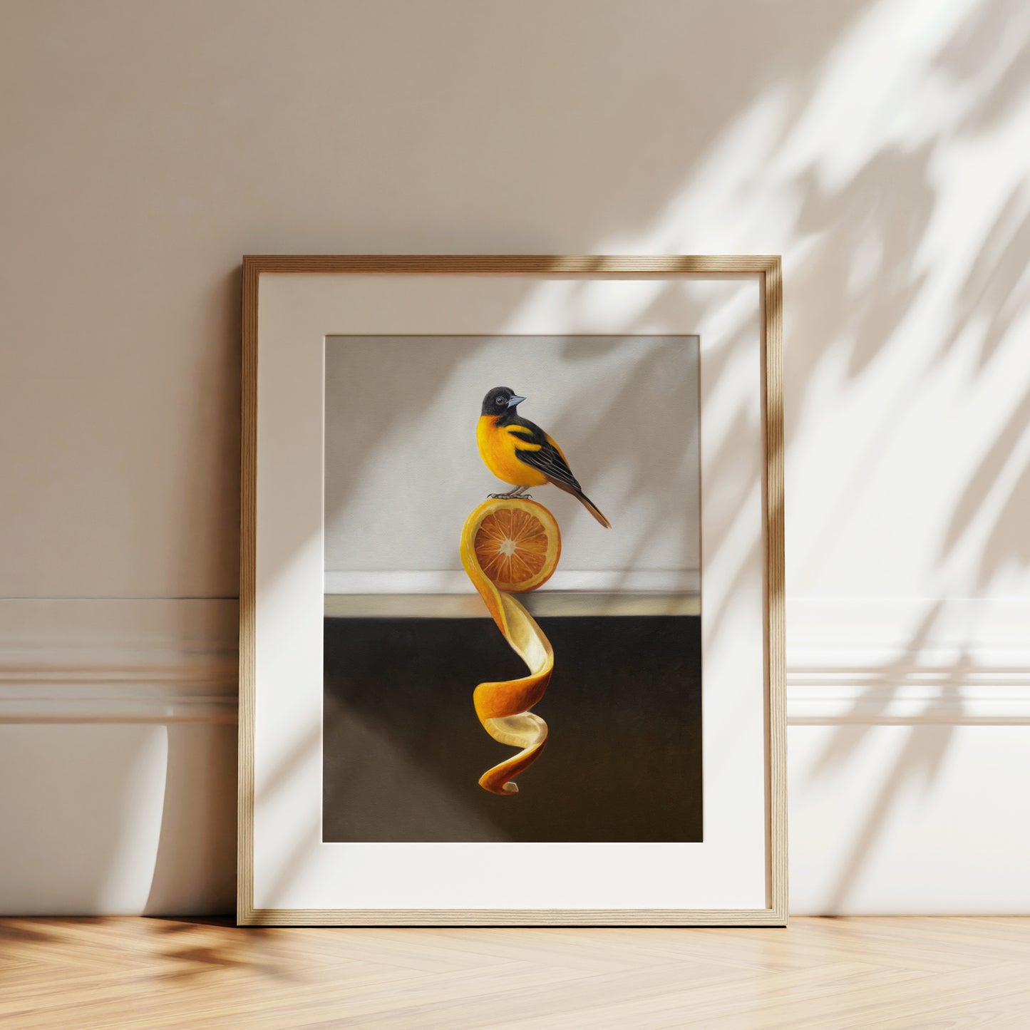 Orange Twist Oriole Fine Art Print by Lauren Pretorius: a Baltimore Oriole perched on top of an orange twist that rests on a white shelf.