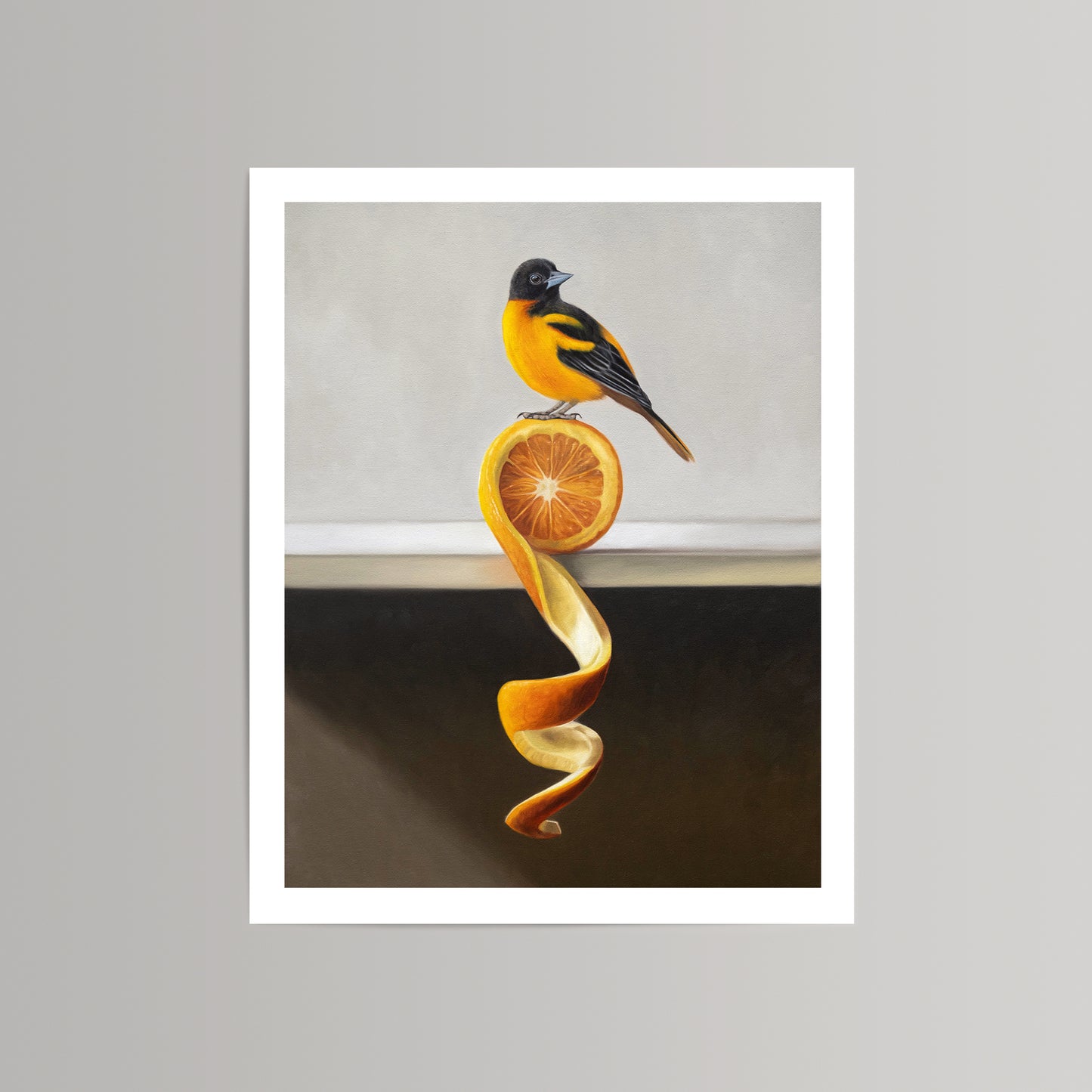Vibrant oil painting print of an orange and black oriole perched on a sliced orange with a long, curling peel.
